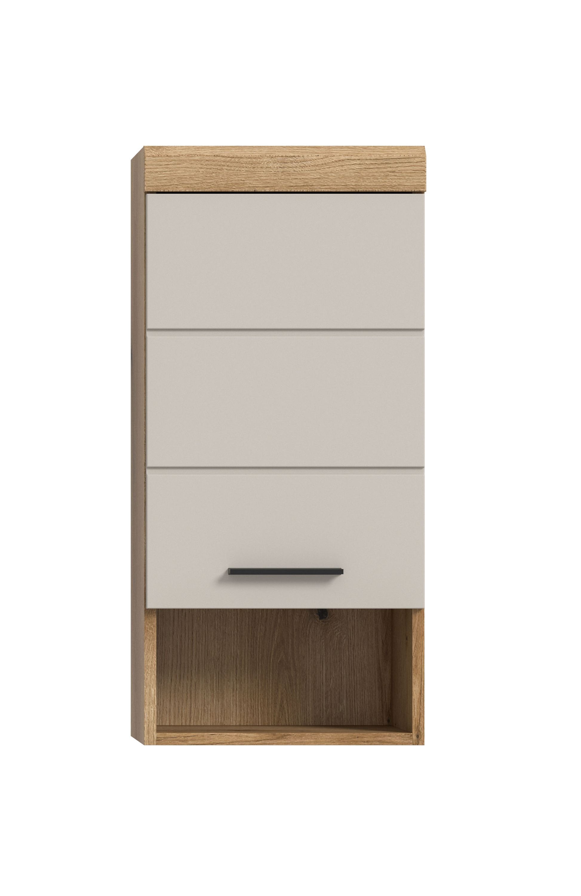 Badezimmerschrank mit weißen Fronten, Holzseiten und Griffleiste an der Schublade