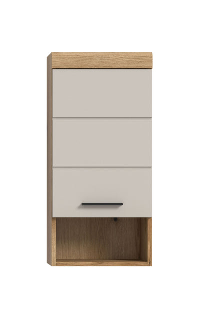 Badezimmerschrank mit weißen Fronten, Holzseiten und Griffleiste an der Schublade