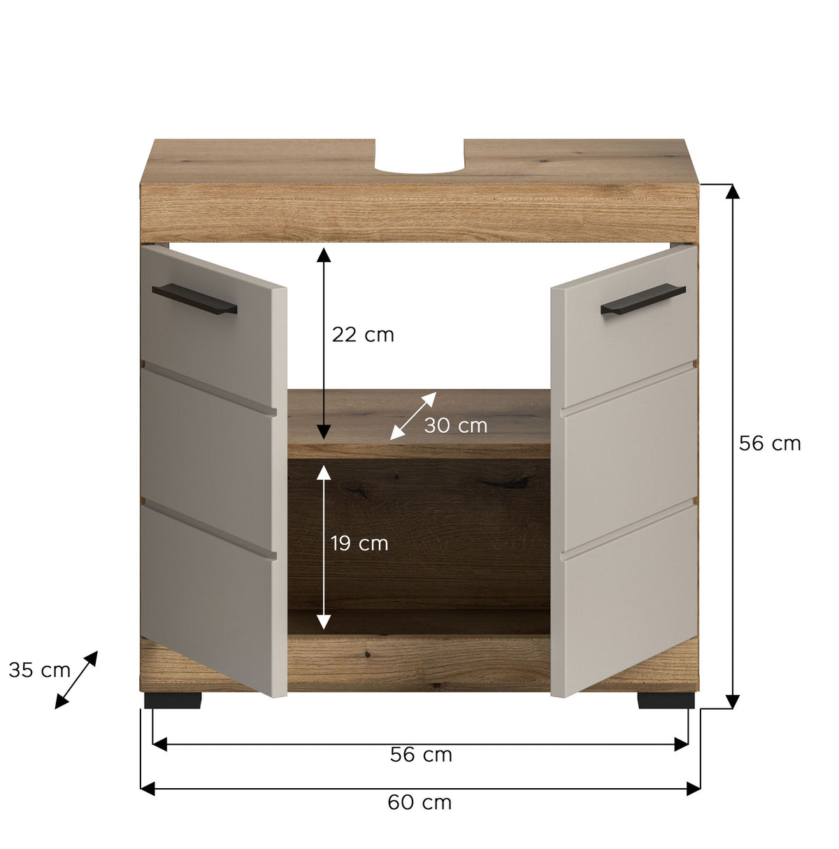 Waschbeckenunterschrank 60 cm, Innenmaße 30×19×22 cm, Eiche-Dekor und weiß