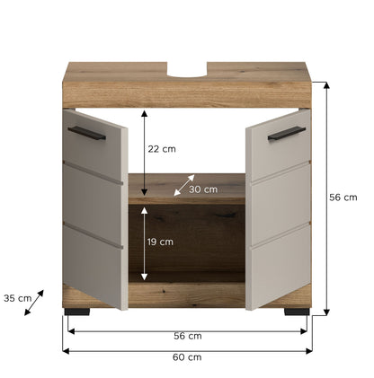 Waschbeckenunterschrank 60 cm, Innenmaße 30×19×22 cm, Eiche-Dekor und weiß