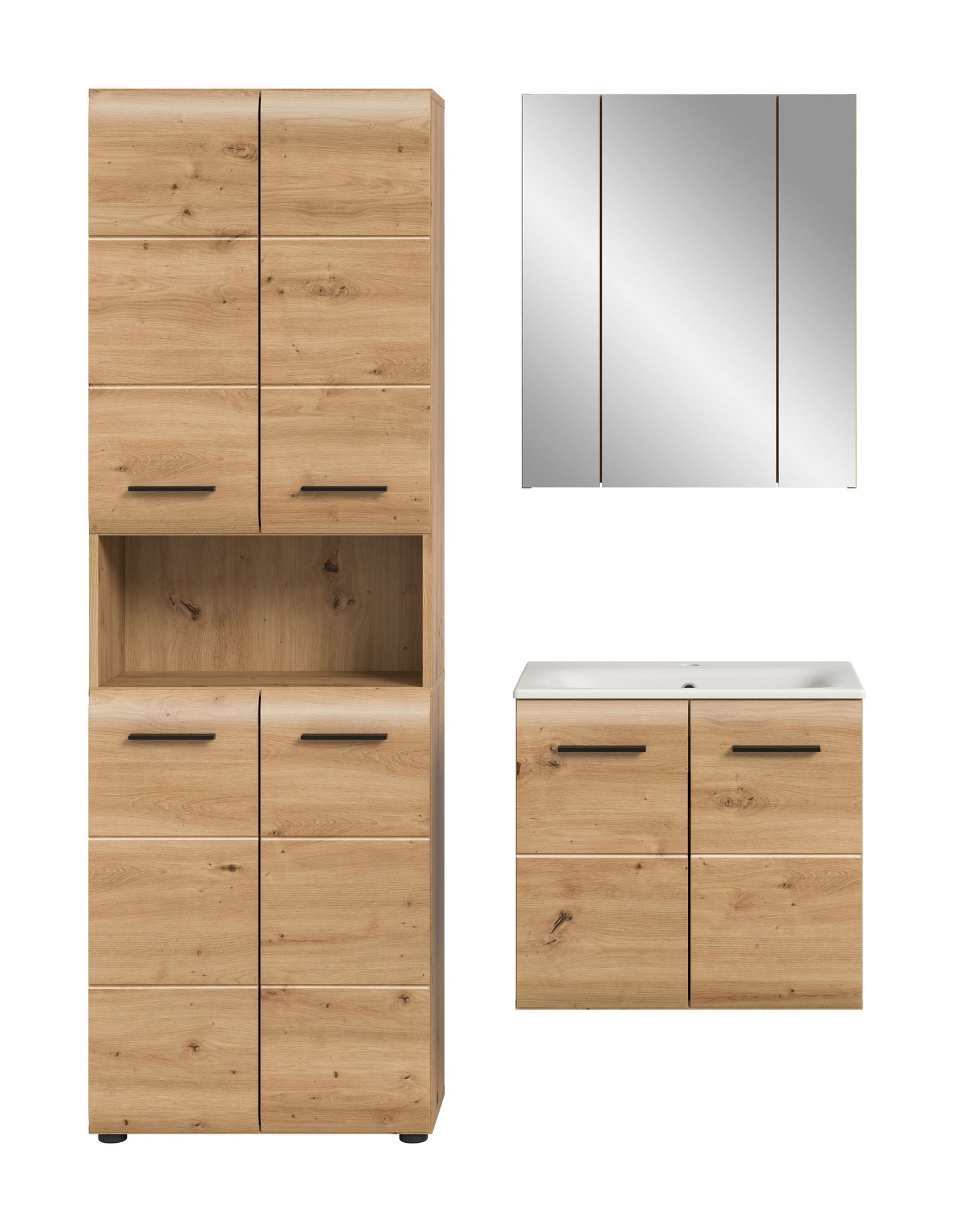 Badezimmerset 4-teilig in hellem Holzdekor: Hochschrank und Waschtischunterschrank