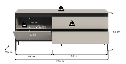 Lowboard von Homes & Jones mit Maßen, grau-beige, schwarze Akzente, ca. 62 cm hoch
