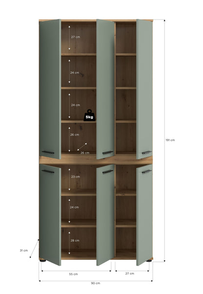 Blake Hochschrank (B/H/T: 90x191x31 cm) in Salbei und Artisan Eiche Nachbildung