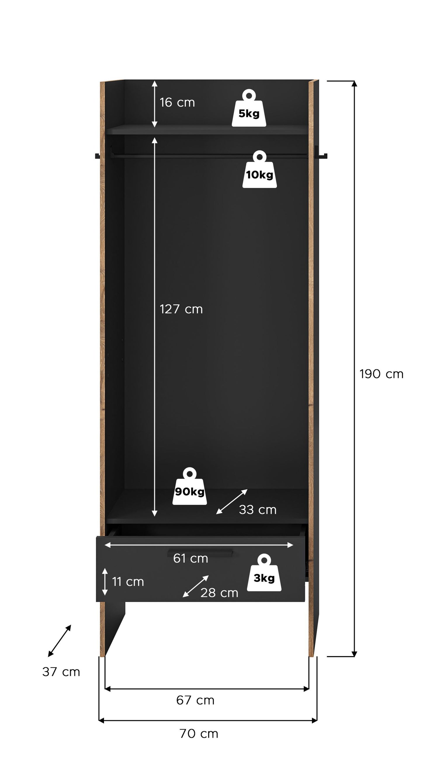 Armoire penderie BUENO (L/H/P : env. 70/189/37 cm) en gris basalte/gris basalte