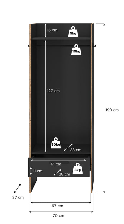 Armoire penderie BUENO (L/H/P : env. 70/189/37 cm) en gris basalte/gris basalte