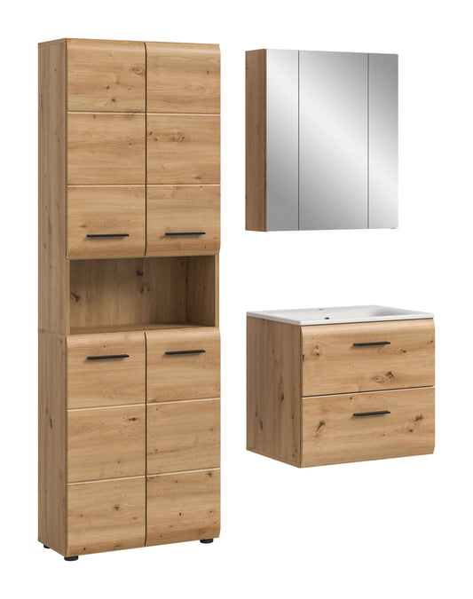 Badmöbel-Set in hellem Holzdekor mit Spiegelschrank und weißem Waschtisch
