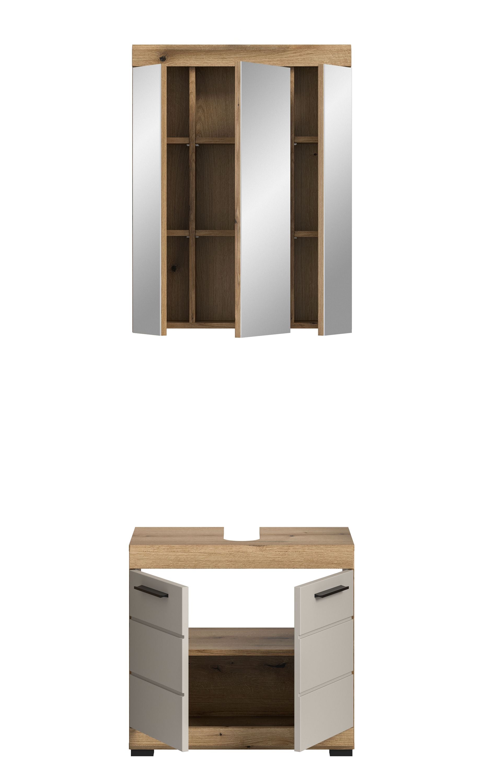 Spiegelschrank mit offenen Türen und sichtbaren Innenfächern, weißes Design mit Holz