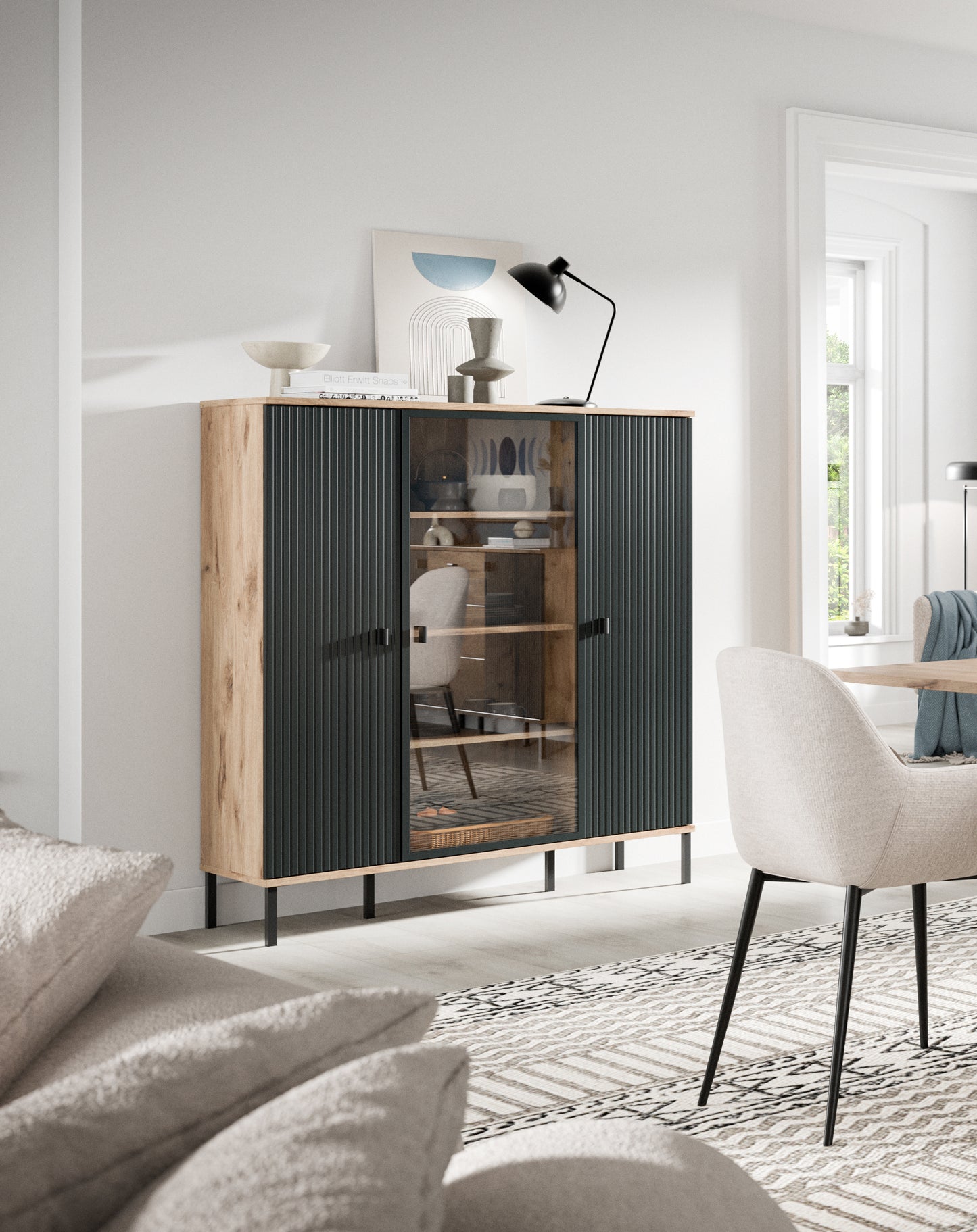 Homes & Jones Highboard, Wohnzimmerschrank-mit 4 Deko Fächer, Wohnmöbel