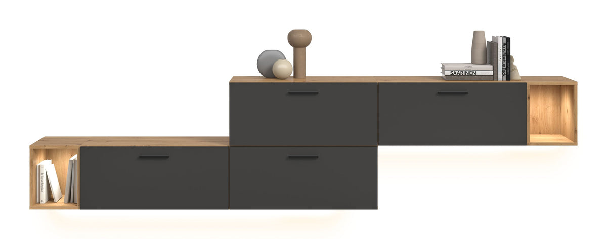Living Room Combination incl. Lighting THE ONE (W/H/D: approx. 276/97/34 cm) in Artisan Oak Reproduction/Smoke Green