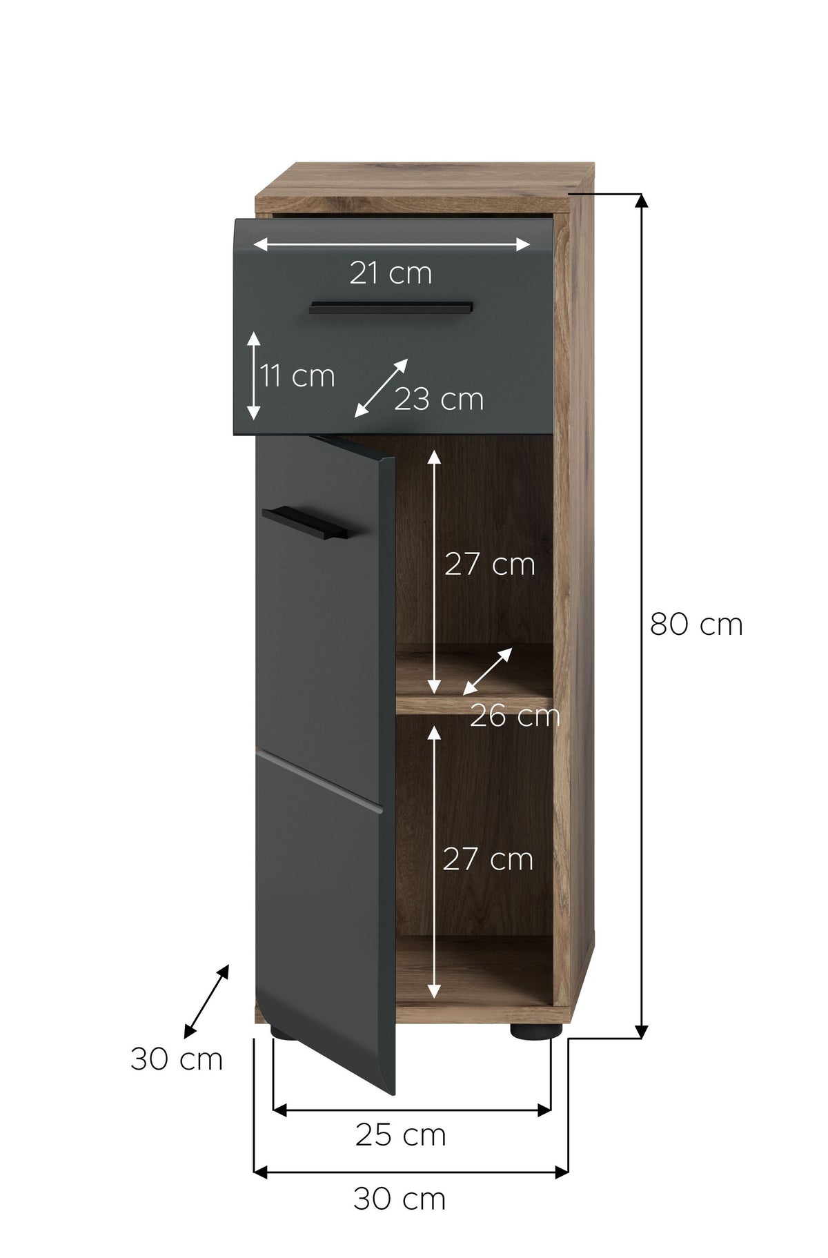 Schmaler Badezimmerschrank aus hellem Holz mit offenem Fach und grauer Front.