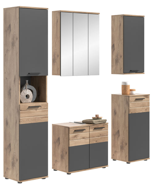 Ensemble de salle de bain MASON (L/H/P : env. 164/190/34 cm) en imitation chêne Nox/gris basalte
