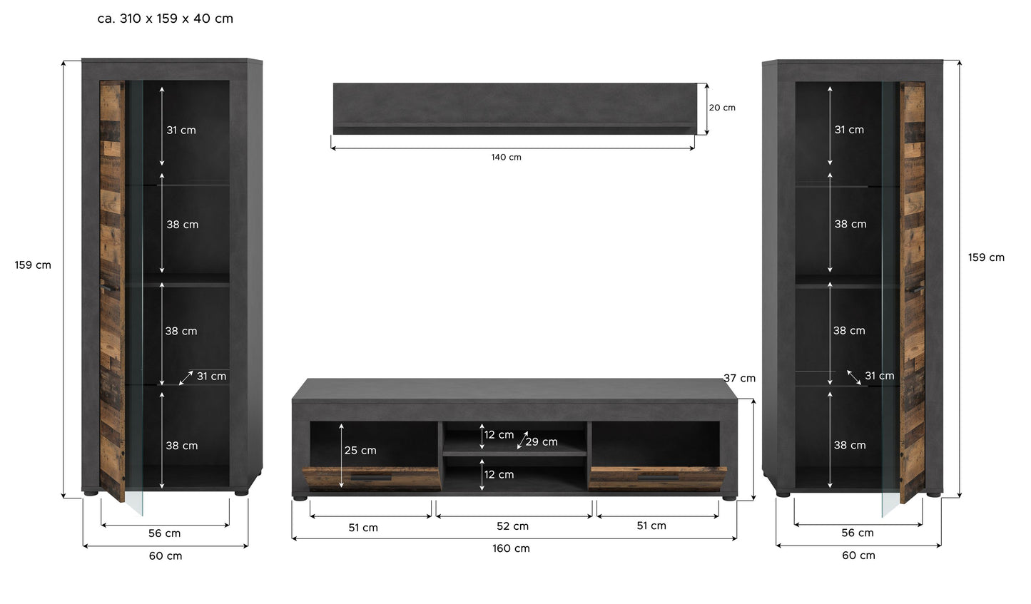 Ensemble meuble TV JAM (L/H/P : env. 310/159/40 cm) imitation chêne Wotan/gris