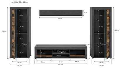 Ensemble meuble TV JAM (L/H/P : env. 310/159/40 cm) imitation chêne Wotan/gris