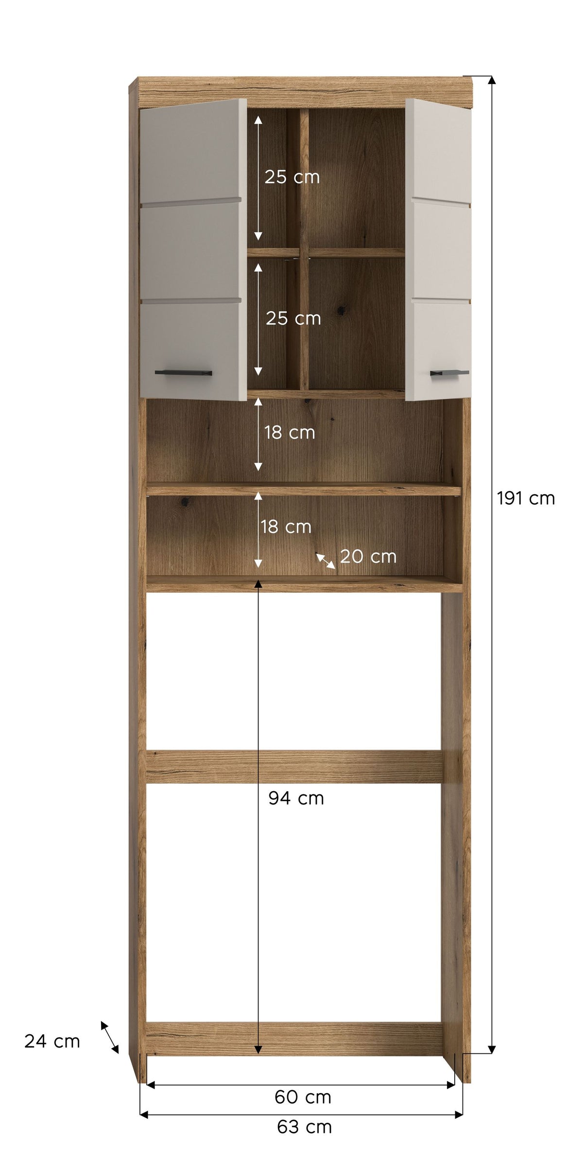 Waschmaschinenüberbau mit Ablagefächer, Holzoptik und weiße Schranktüren, offene Mitte