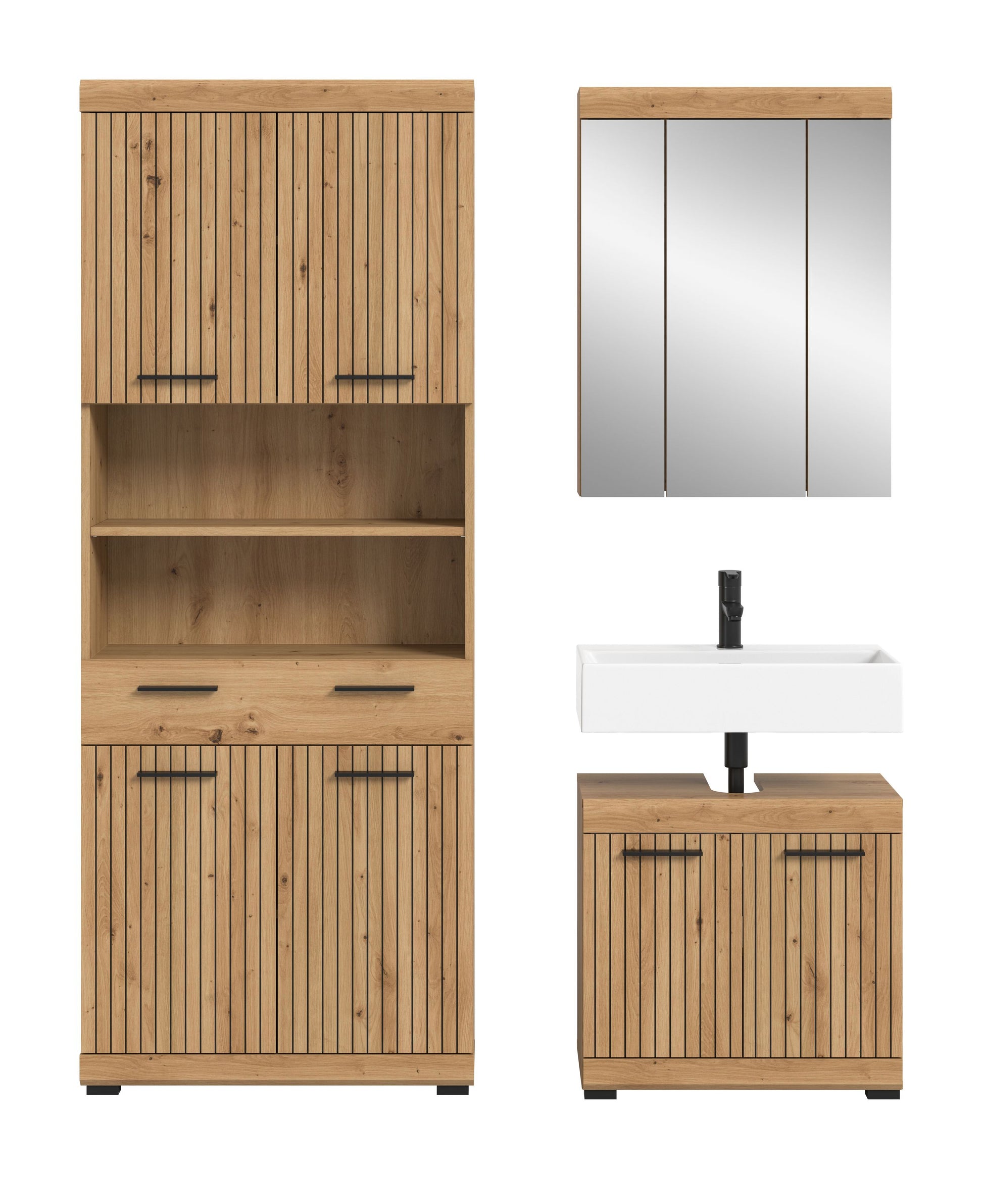 Badezimmerset 3-teilig mit Spiegelschrank und Waschtischunterschrank in Holzoptik