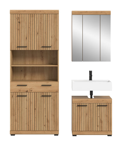Badezimmerset 3-teilig mit Spiegelschrank und Waschtischunterschrank in Holzoptik