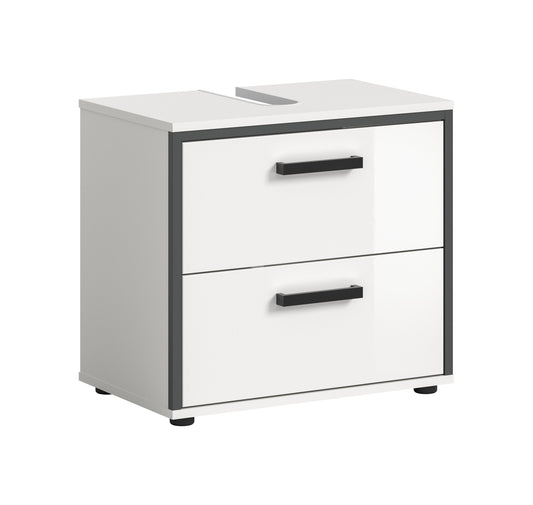 Waschbeckenunterschrank 60 cm, weiß Hochglanz, 2 Schubladen mit schwarzen Griffen
