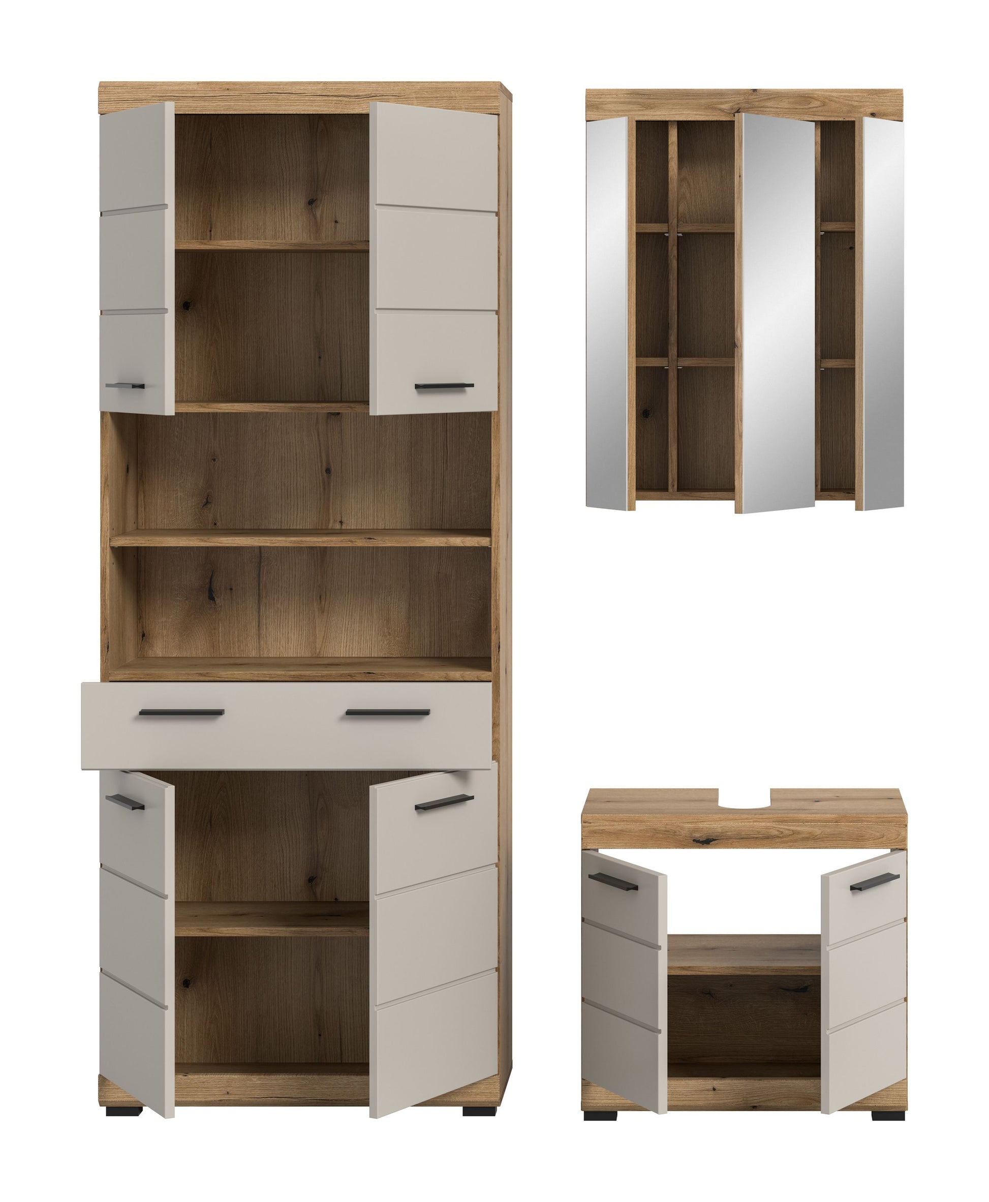 Badezimmerset: Badschrank mit Spiegel, weißer Korpus und Holzfächer-Optik, 3-teilig