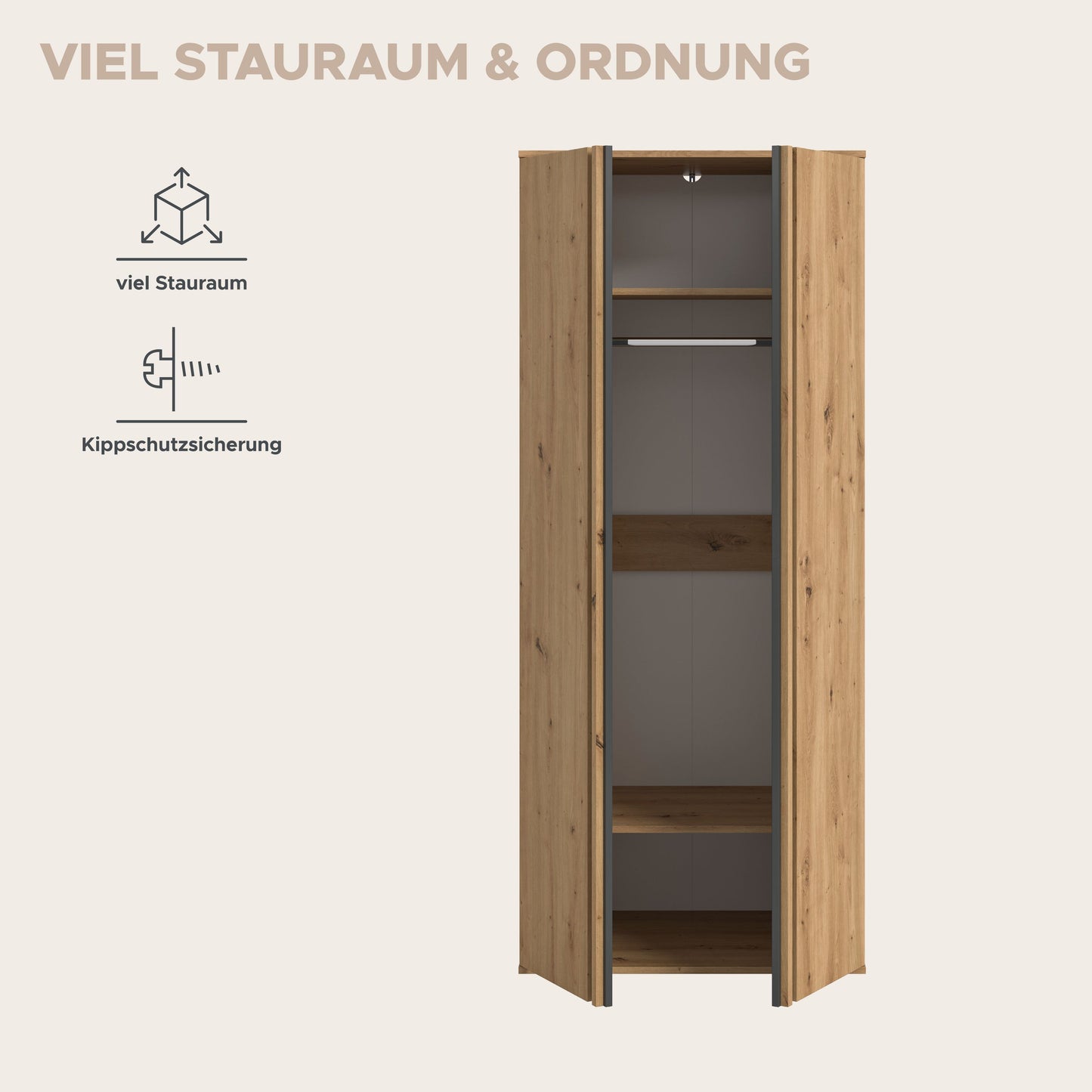 Homes & Jones Kleiderschrank 80 cm breit 2-türig, Schlafzimmerschrank