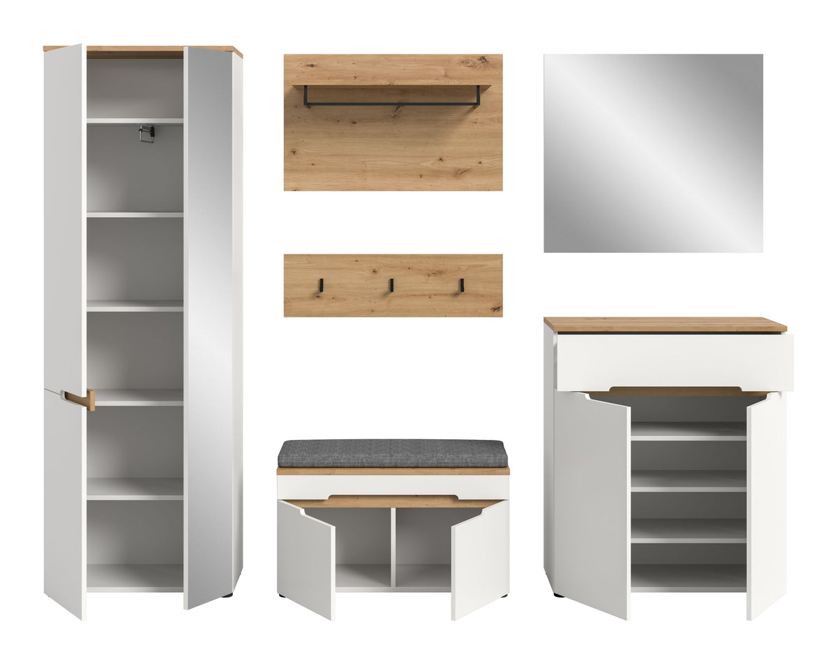 Garderoben-Set mit geöffnetem Schrank, Einlegeböden, Kleiderstange und Bank