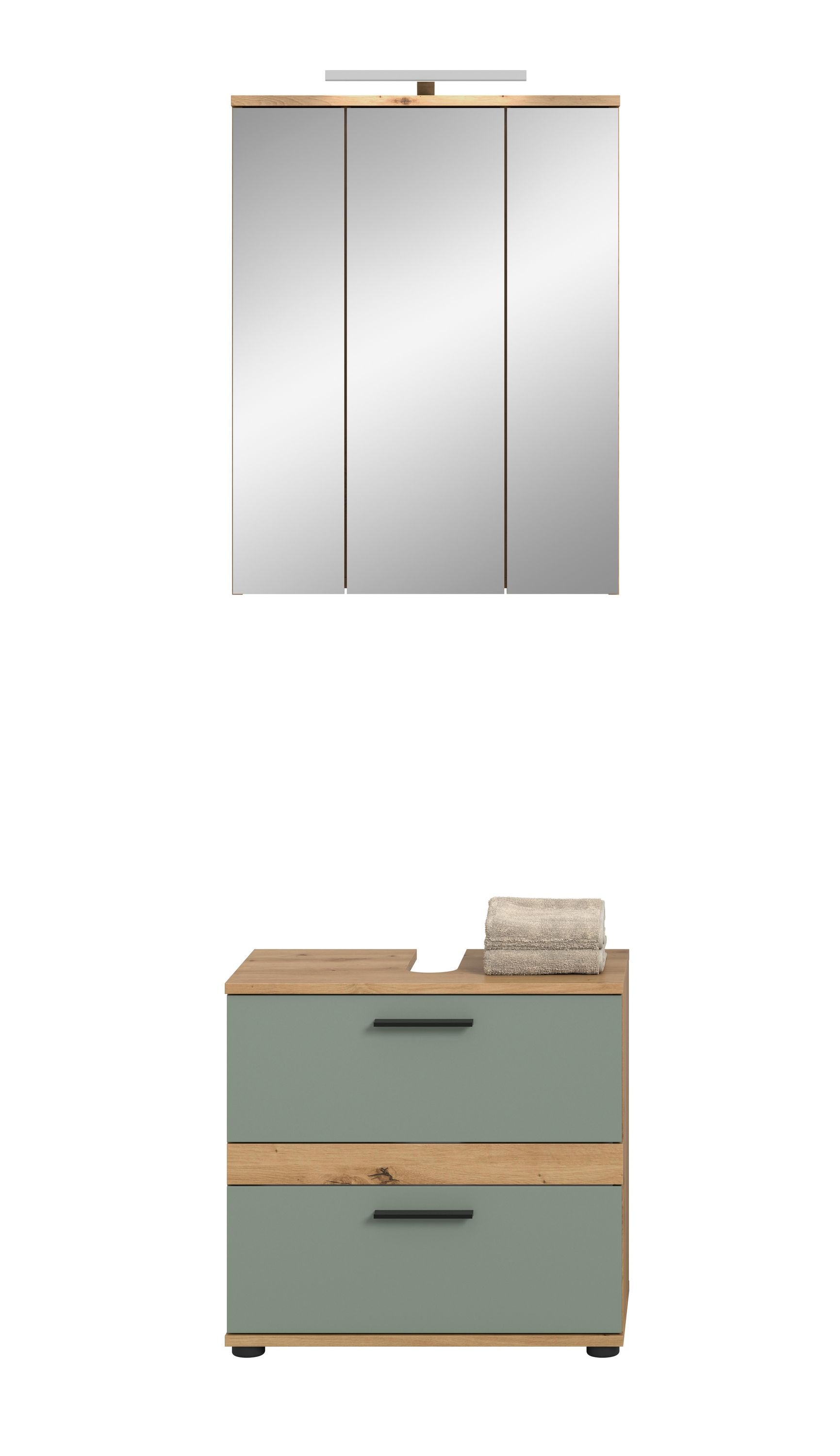 Badmöbel-Set mit Badspiegelschrank und Waschtischunterschrank, Holzoptik, türkis Front
