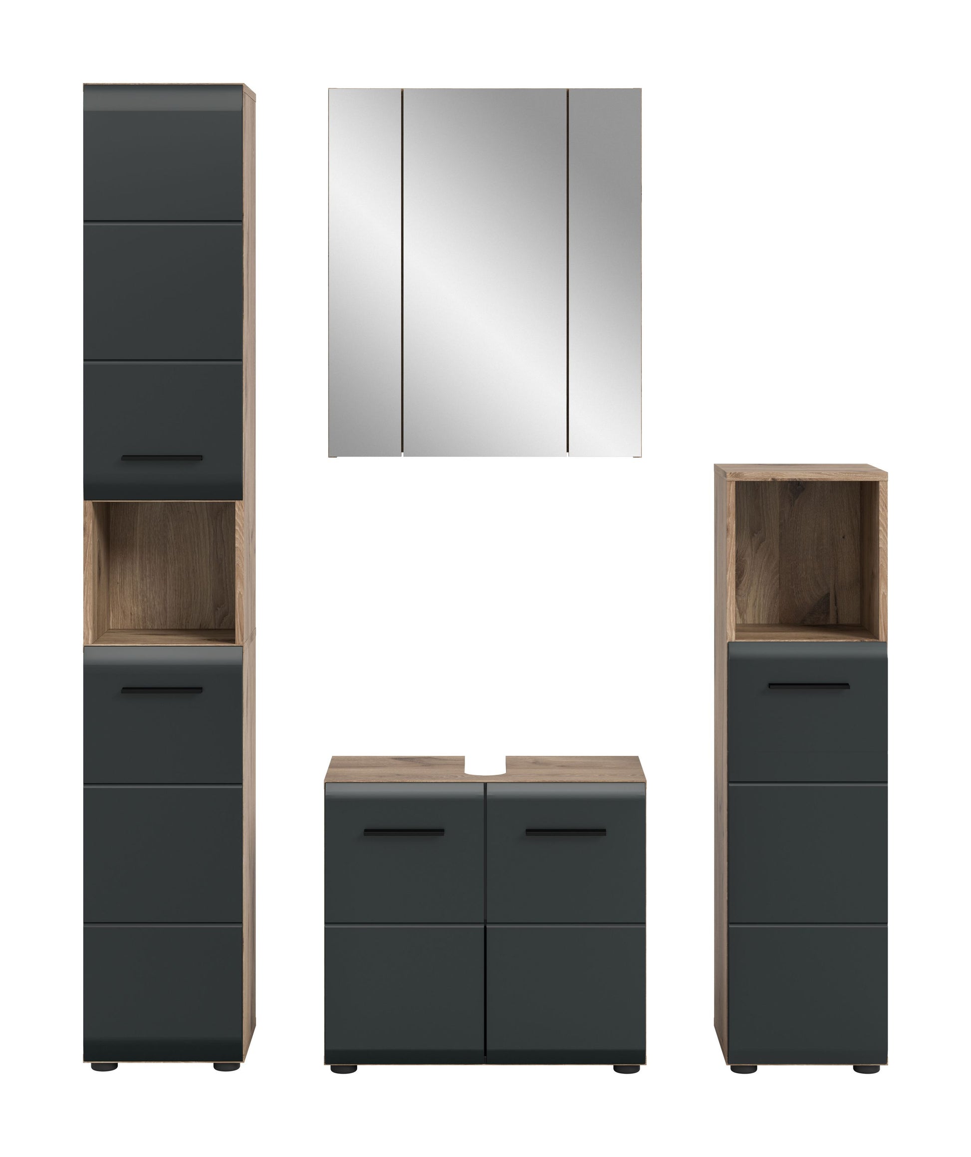 Badmöbel-Set 4-teilig mit Anthrazit-Fronten und hellem Holz, inkl. Spiegelschrank