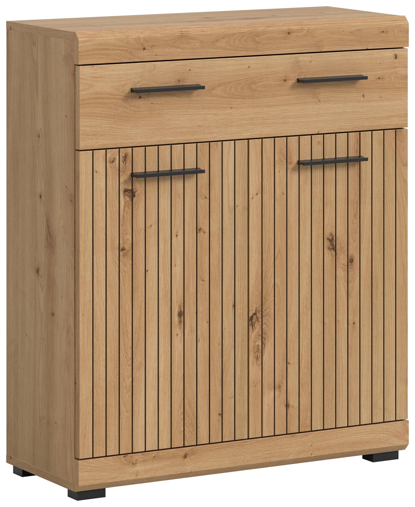 Badkommode breit mit zwei Türen aus Holzdekor, Lamellenfront und schwarzen Griffen