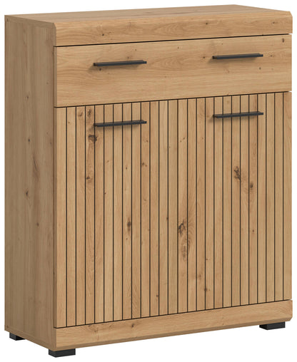Badkommode breit mit zwei Türen aus Holzdekor, Lamellenfront und schwarzen Griffen