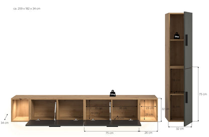 TV-Lowboard-Front und hoher Schrank im Maßbild, brauner Korpus und dunkle Fronten