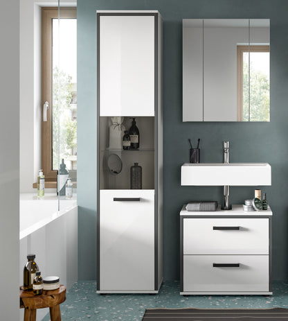 Schmales Badmöbelset in Weiß-Hochglanz: Hochschrank, Spiegelschrank und Waschtisch-Unterschrank