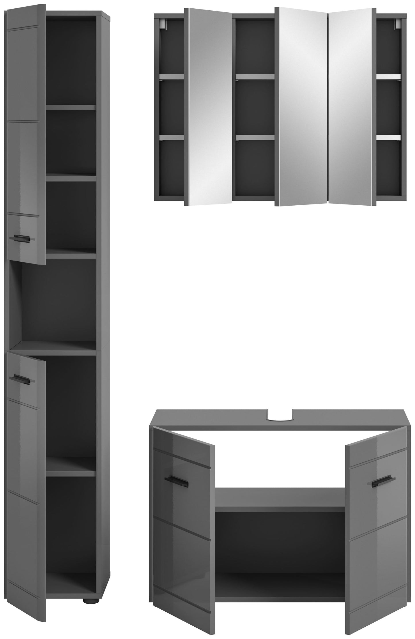 Badmöbel-Set: Hochschrank und Waschtisch-Unterschrank mit geöffneten Türen und Innenregalen