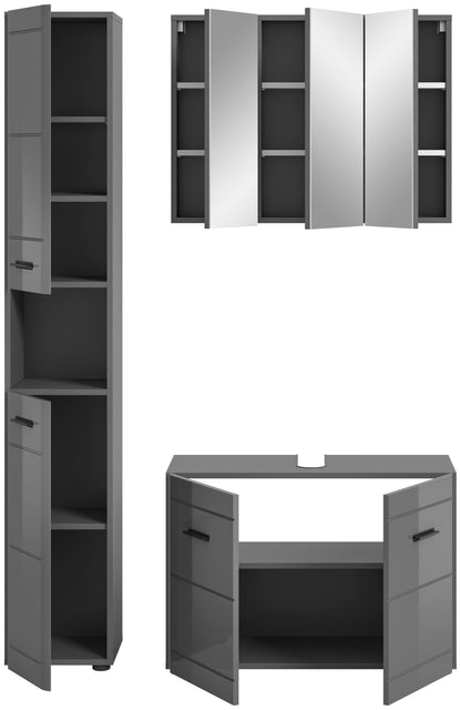 Badmöbel-Set: Hochschrank und Waschtisch-Unterschrank mit geöffneten Türen und Innenregalen