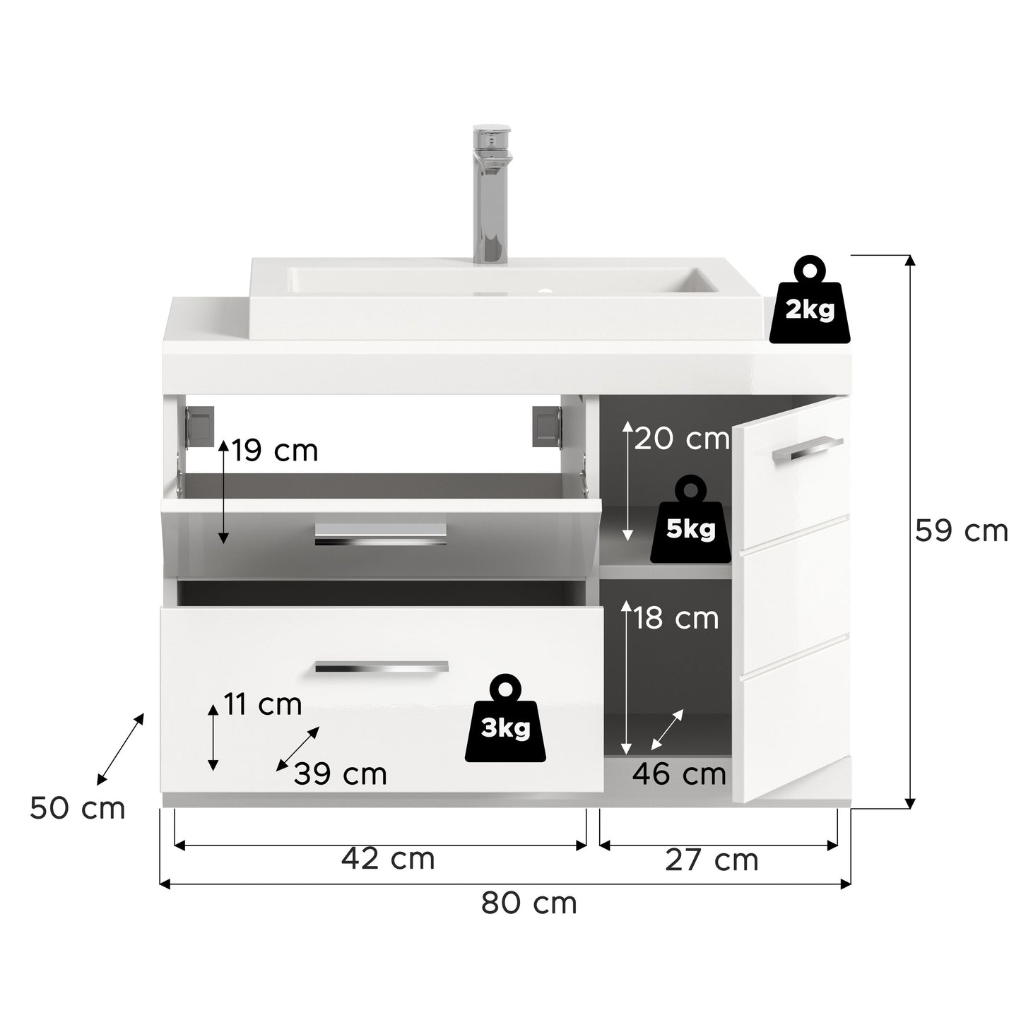 Scout Waschbeckenunterschrank  (B/H/T: 80x65x50 cm) in Weiß hochglanz und Weiß