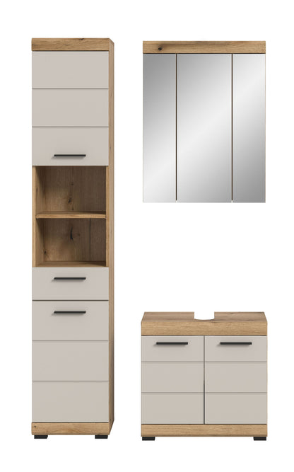 Badezimmerset mit Hochschrank, Spiegelschrank und Unterschrank, Holzdekor und weiß