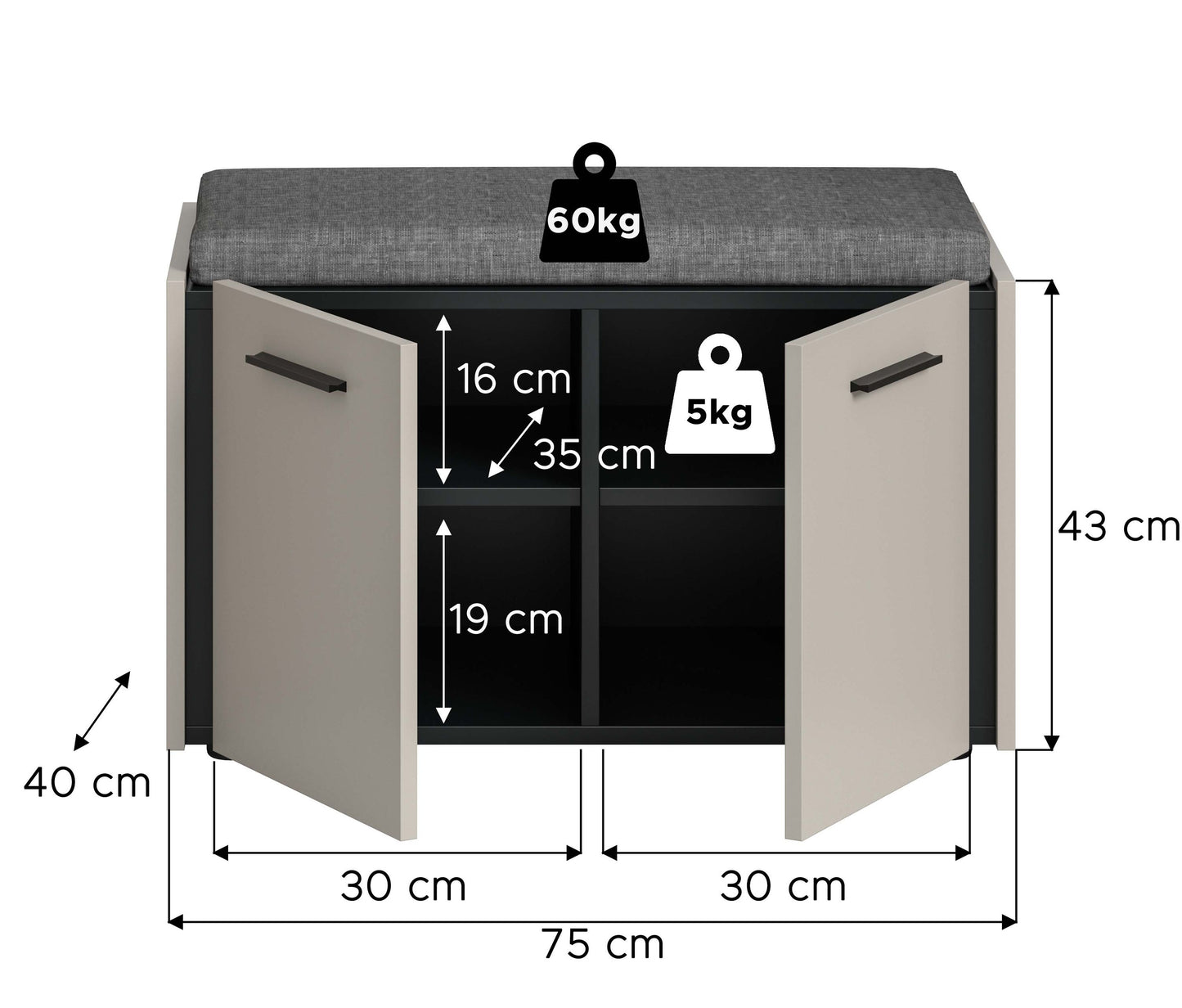 Garderobenschrank 75 cm Breite mit Maßenangaben, graues Sitzpolster, zwei Türen