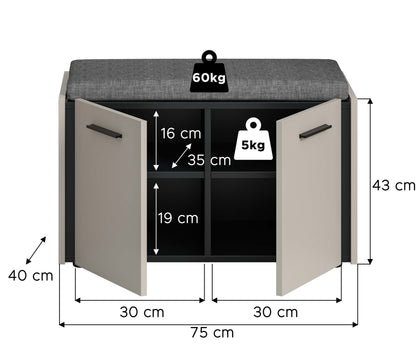 Garderobenschrank 75 cm Breite mit Maßenangaben, graues Sitzpolster, zwei Türen