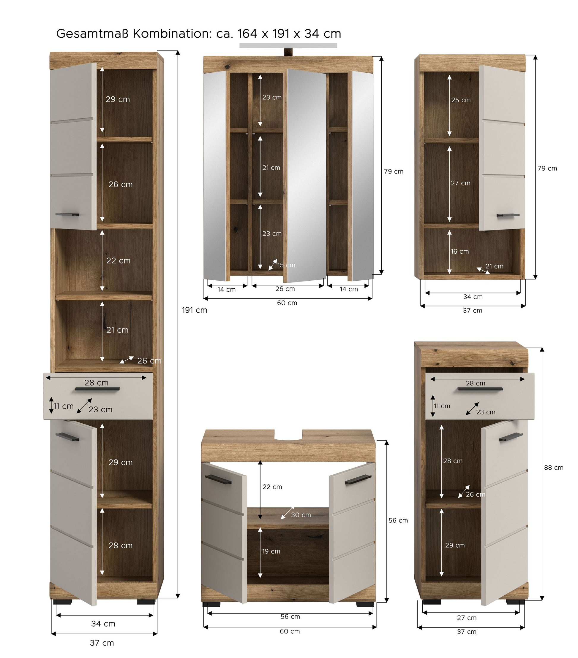 Badezimmerset als Maßübersicht: Hochschrank, Spiegelschrank und Waschtischunterschrank