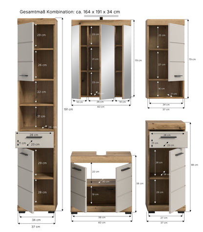 Badezimmerset als Maßübersicht: Hochschrank, Spiegelschrank und Waschtischunterschrank