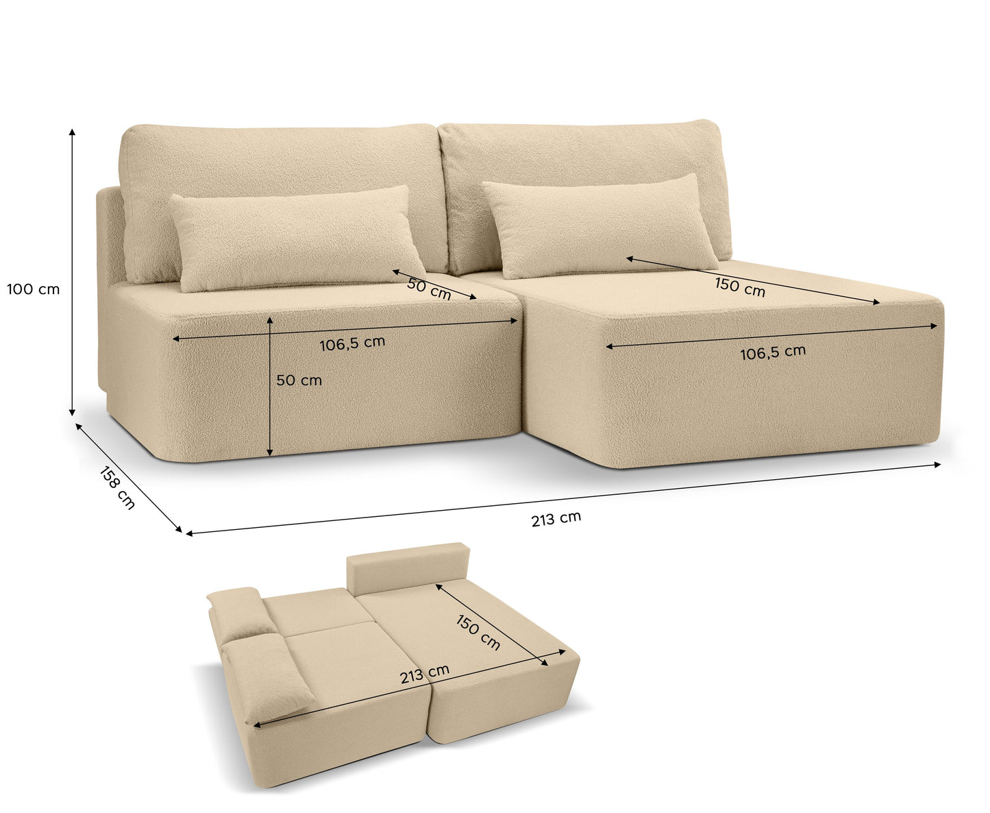 Beiges Schlafsofa mit Schlaffunktion, Maßen/Ansicht von oben