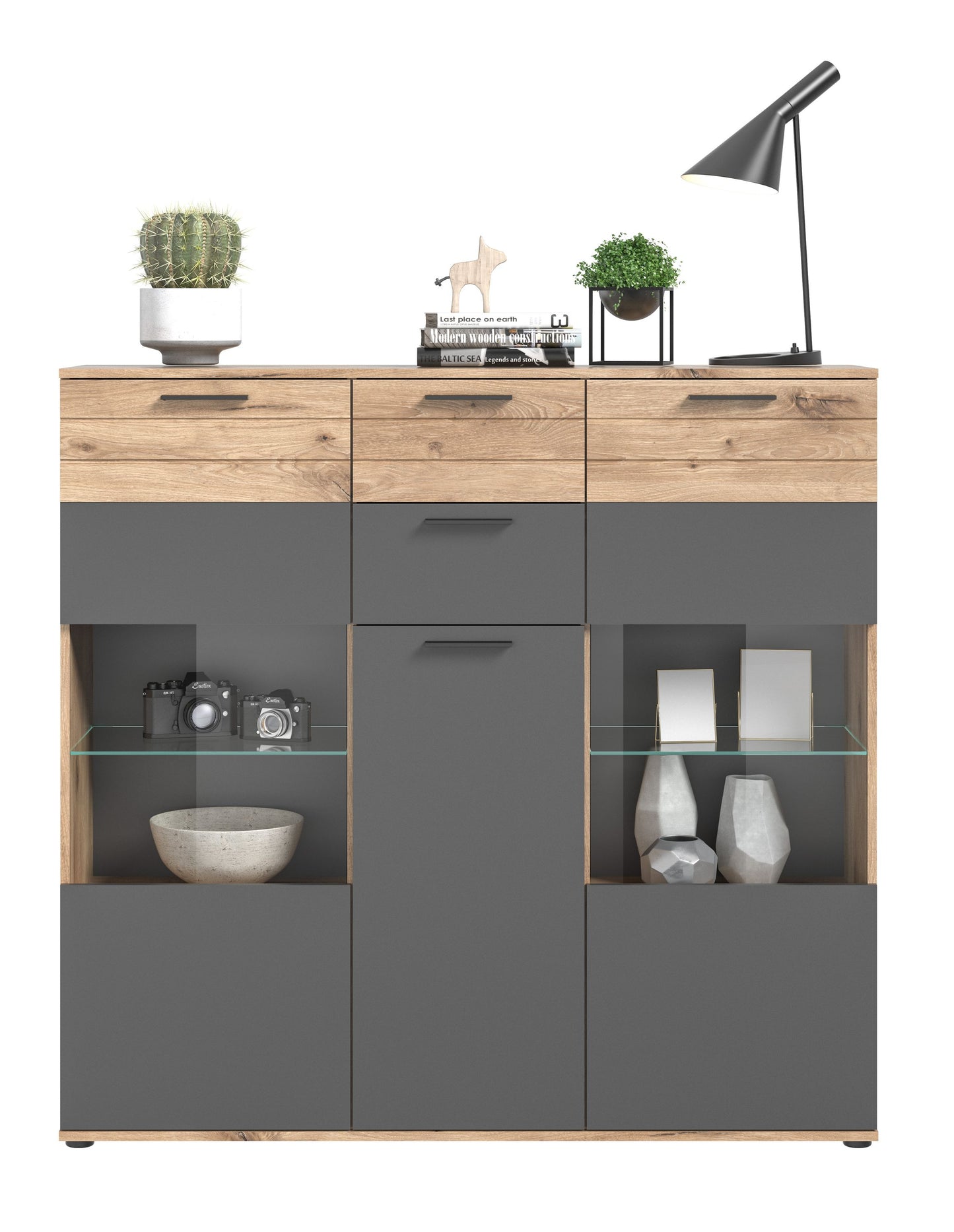 Highboard MASON (L/H/P : env. 140/134/37 cm) en imitation chêne Nox/gris basalte