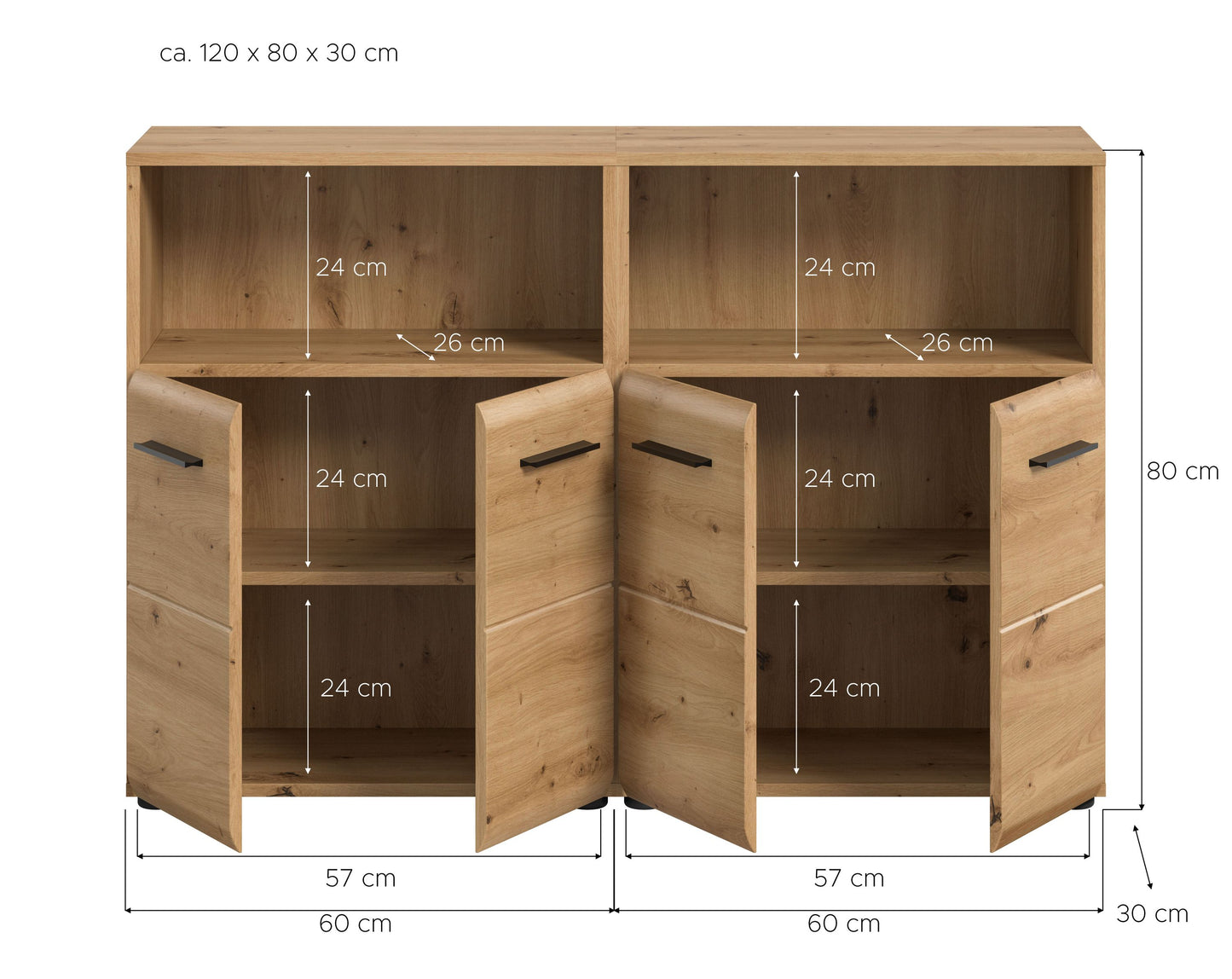 Badmöbelset von Homes & Jones mit Holzfronten, offenen Fächern und Klapptüren an der Ecke