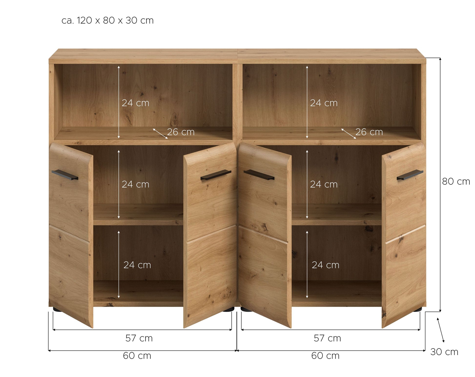 Badmöbelset von Homes & Jones mit Holzfronten, offenen Fächern und Klapptüren an der Ecke