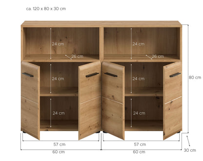 Badmöbelset von Homes & Jones mit Holzfronten, offenen Fächern und Klapptüren an der Ecke