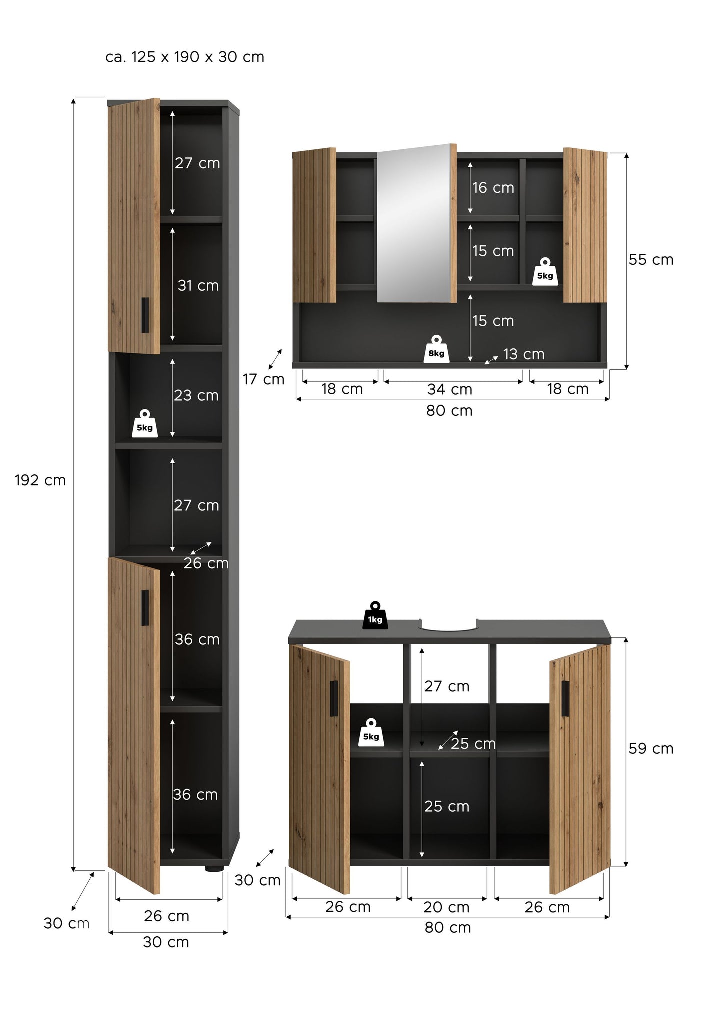 Homes & Jones Badezimmermöbel Set 3-tlg. Badmöbelset mit Badspiegelschrank