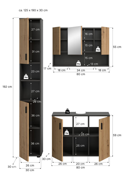 Homes & Jones Badezimmermöbel Set 3-tlg. Badmöbelset mit Badspiegelschrank