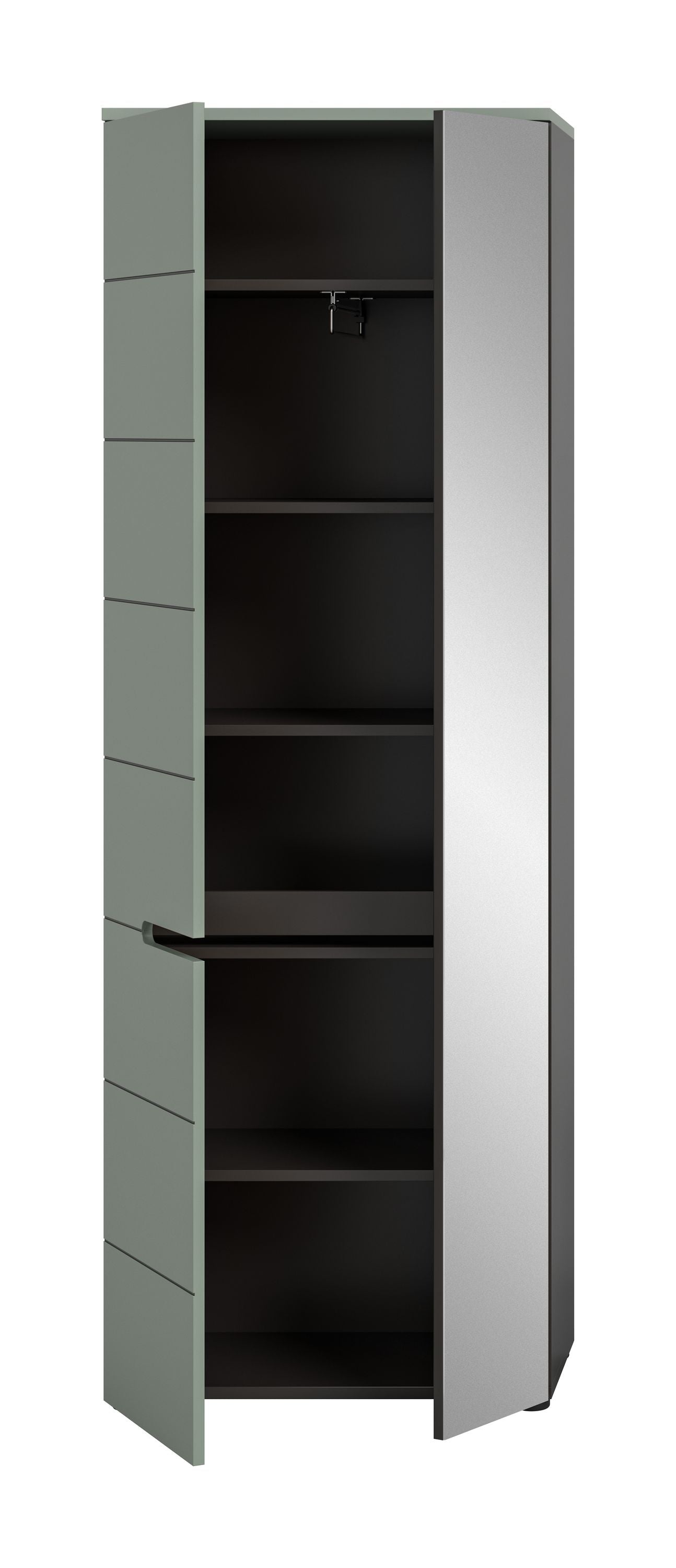 Homes & Jones Schuhschrank, Tür geöffnet, innen mit Einlegeböden, olivgrün