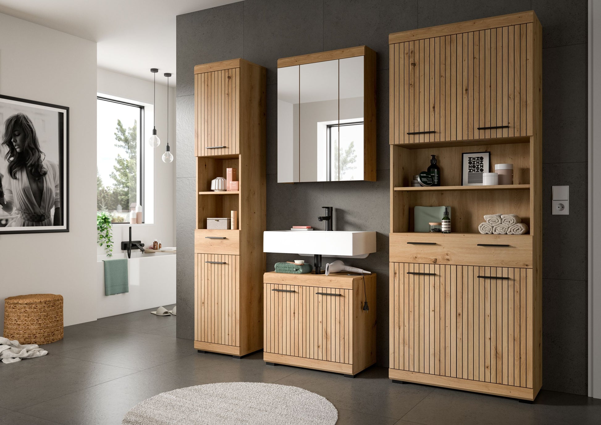 Badezimmerset 4-tlg. in Holzoptik: Hochschrank, Spiegelschrank und Waschtischmöbel im Bad