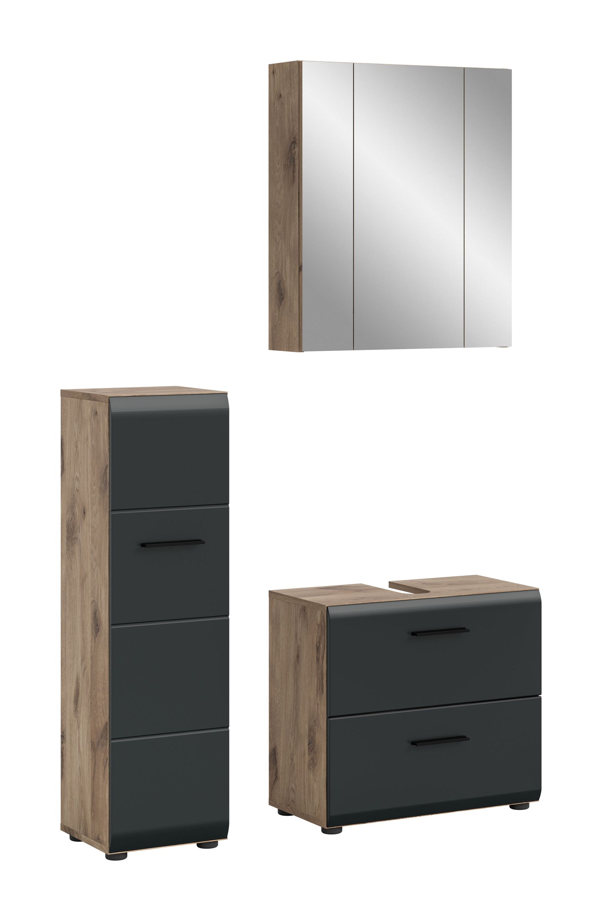 Badmöbel-Set in Holzoptik mit Spiegel, Waschkommode und Hochschrank in Anthrazit