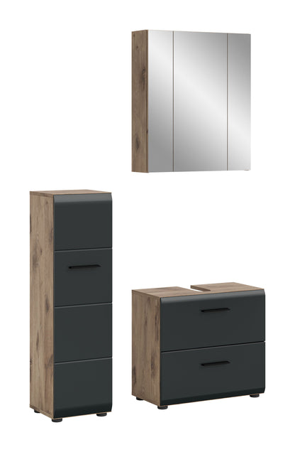 Badmöbel-Set in Holzoptik mit Spiegel, Waschkommode und Hochschrank in Anthrazit