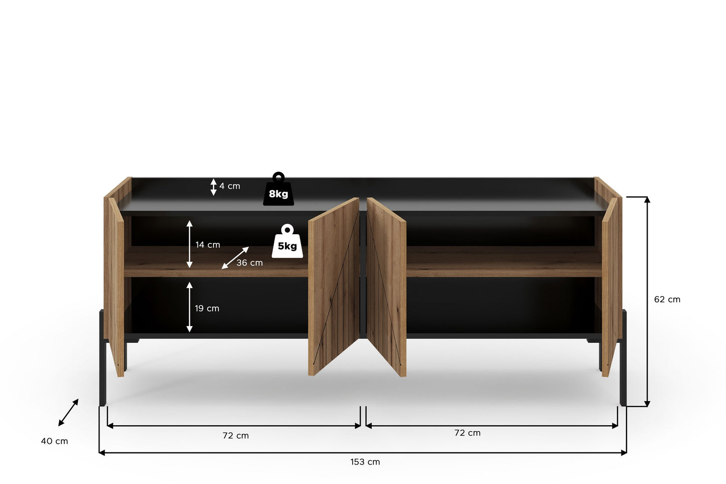 Lowboard mit Maßen, innenliegenden Fächern und Klappen, schwarze Oberseite, helle Holzfront